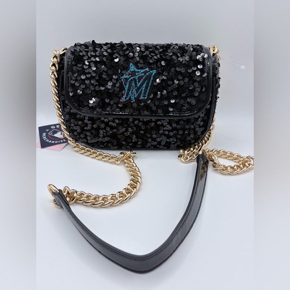 NEW Miami Marlins MLB Sequin Crossbody Bag Cuccio Gold Chain NWT